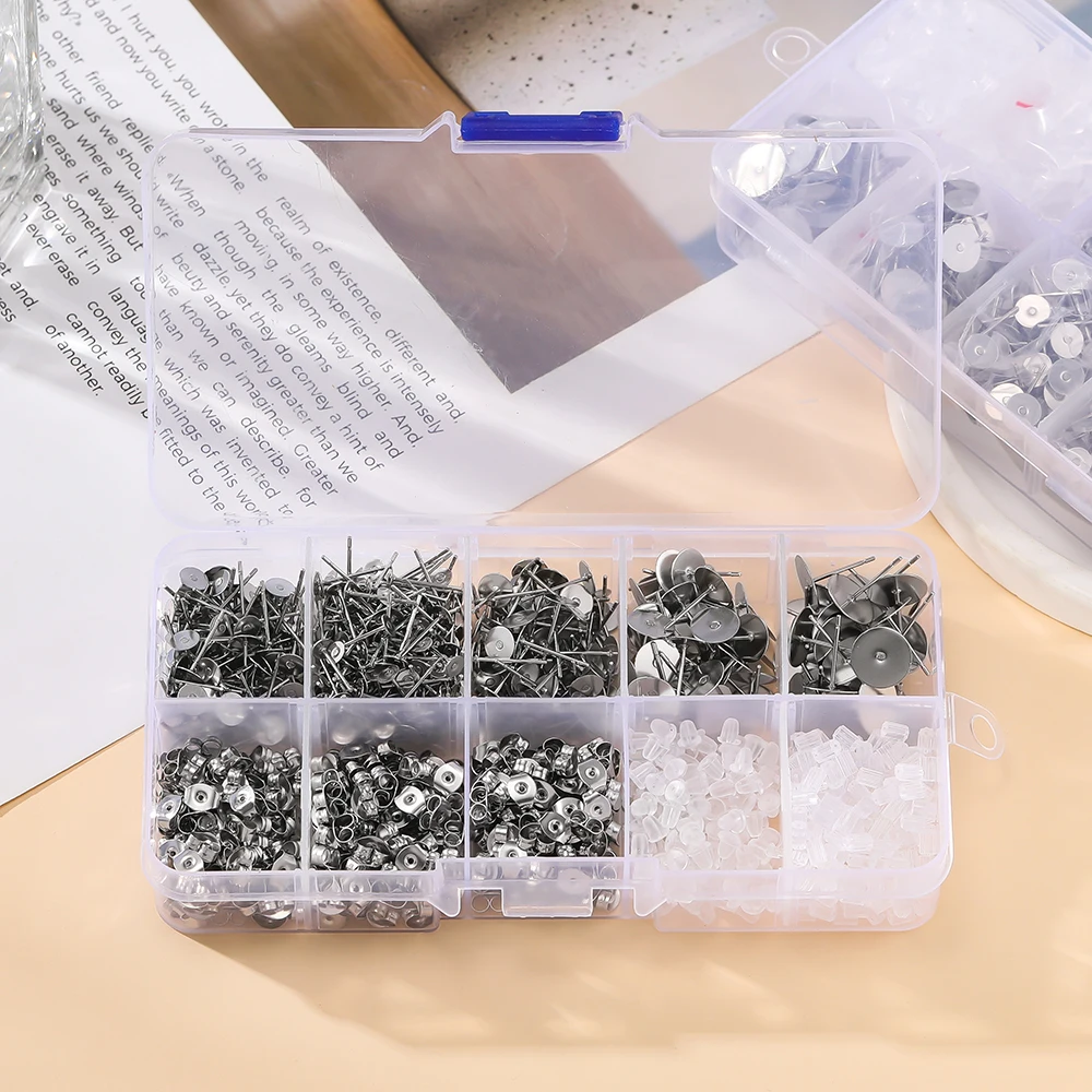 

1Box Stainless Steel Blank Post Earring Studs Base Pins Box With Earring Plug For DIY Jewelry Making Kits Jewelry Box