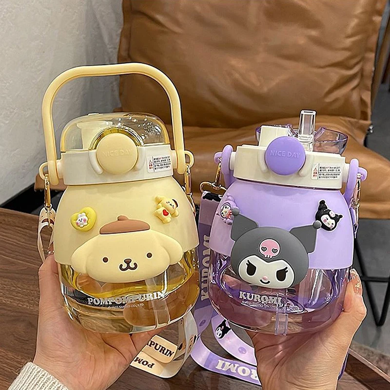 Summer Plastic Kuromi Kettle 1050ml Girl Birthday Gift Straight Drink Straw Large Capacity Water Cup Beautiful Big Belly Bottle