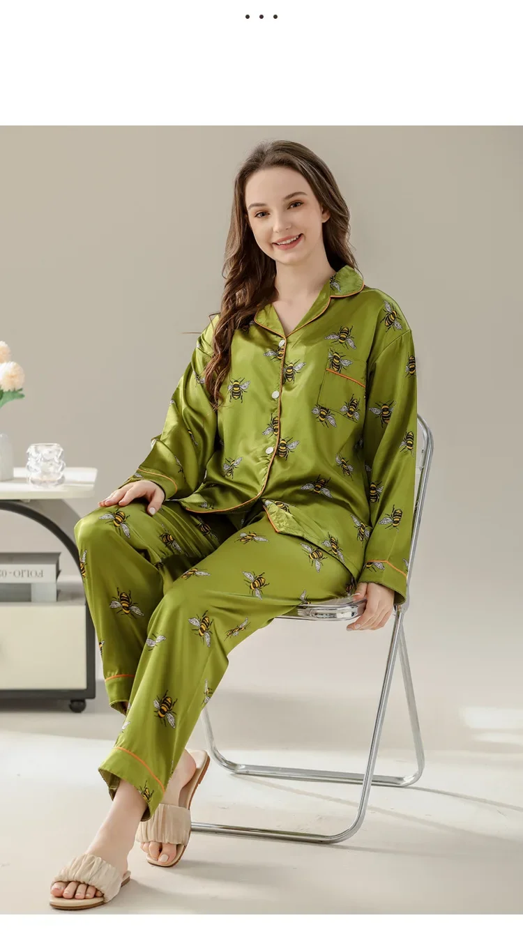 Damen Pyjama Sets Frühling 2 Stück Tier Biene Print Pyjama Faux Seide Satin Nachtwäsche Langarm Pijama Mujer Pyjs Homewear