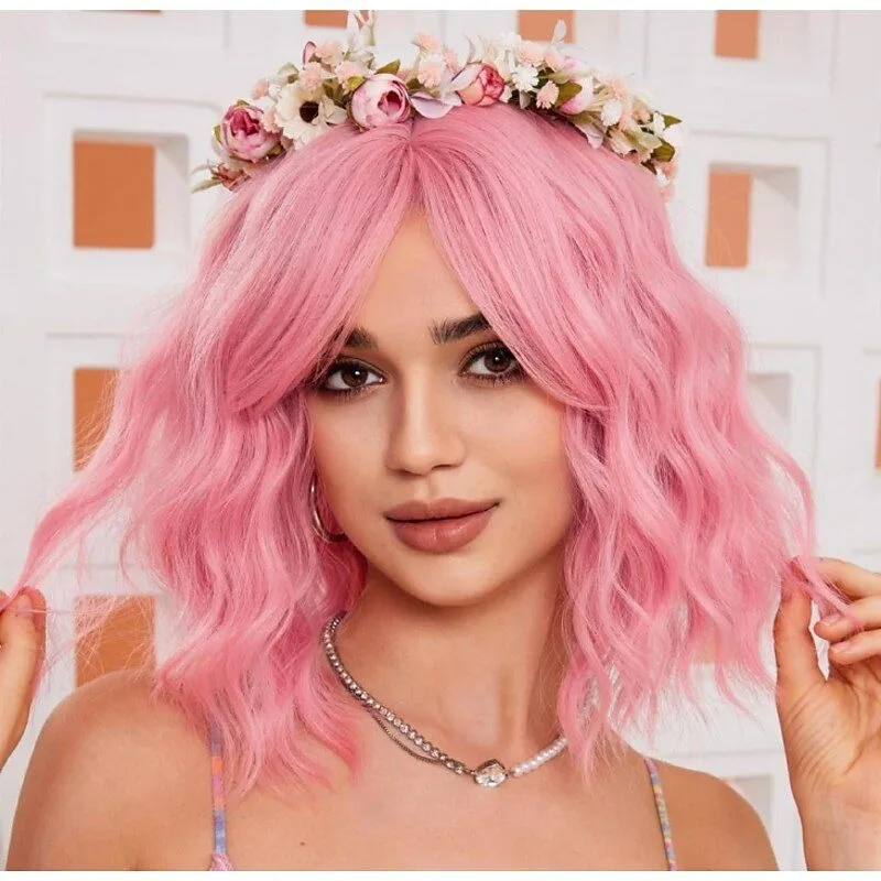 

Pink Wig With Bangs 14 Inch Short Curly Wavy Bob Wig Body Wave Synthetic Cosplay Wigs Girls Pink Wig Women for Daily School