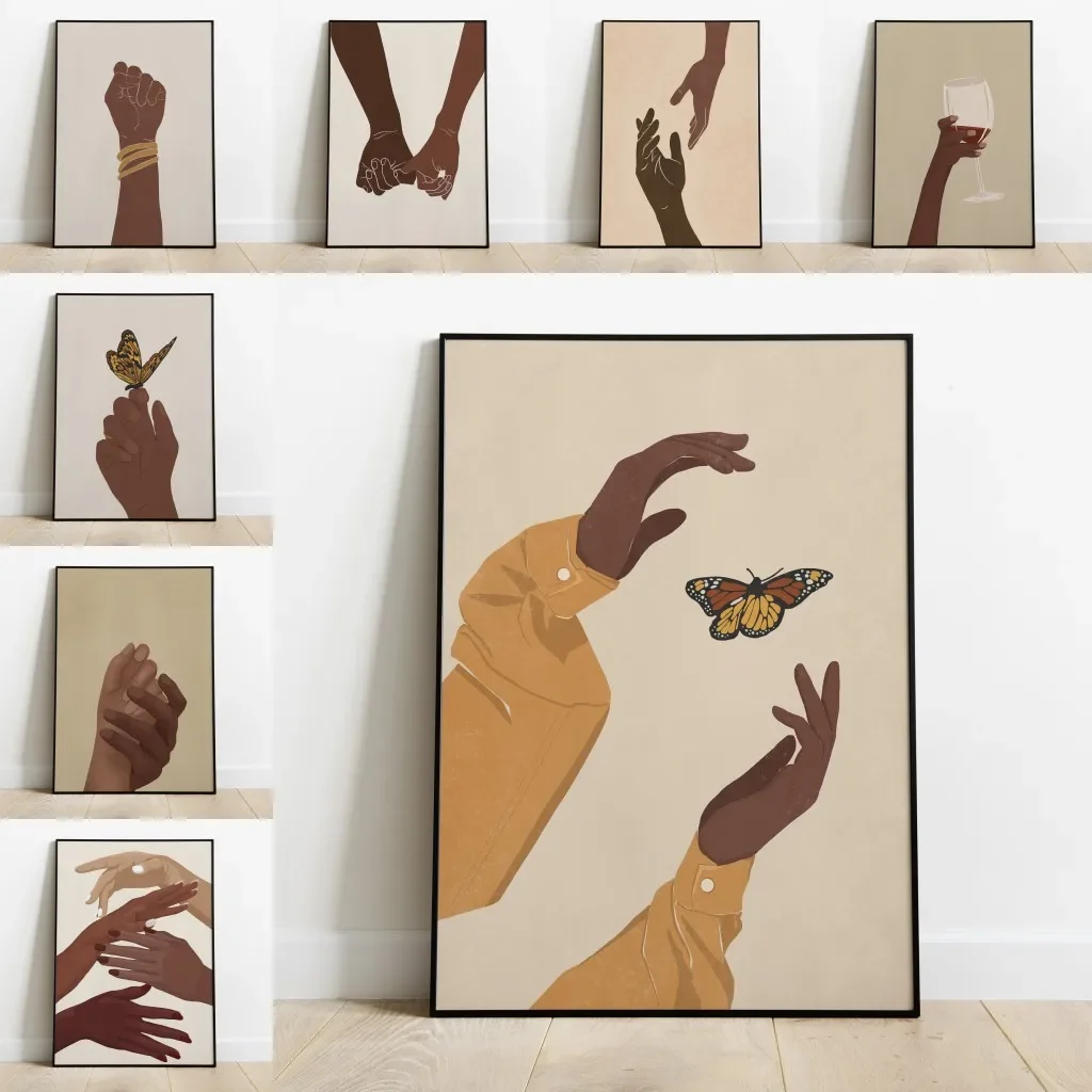 Impression d'art abstrait main femme, affiche minimaliste de puissance féminine, peinture sur toile bras et doigts noirs pour appartement et maison