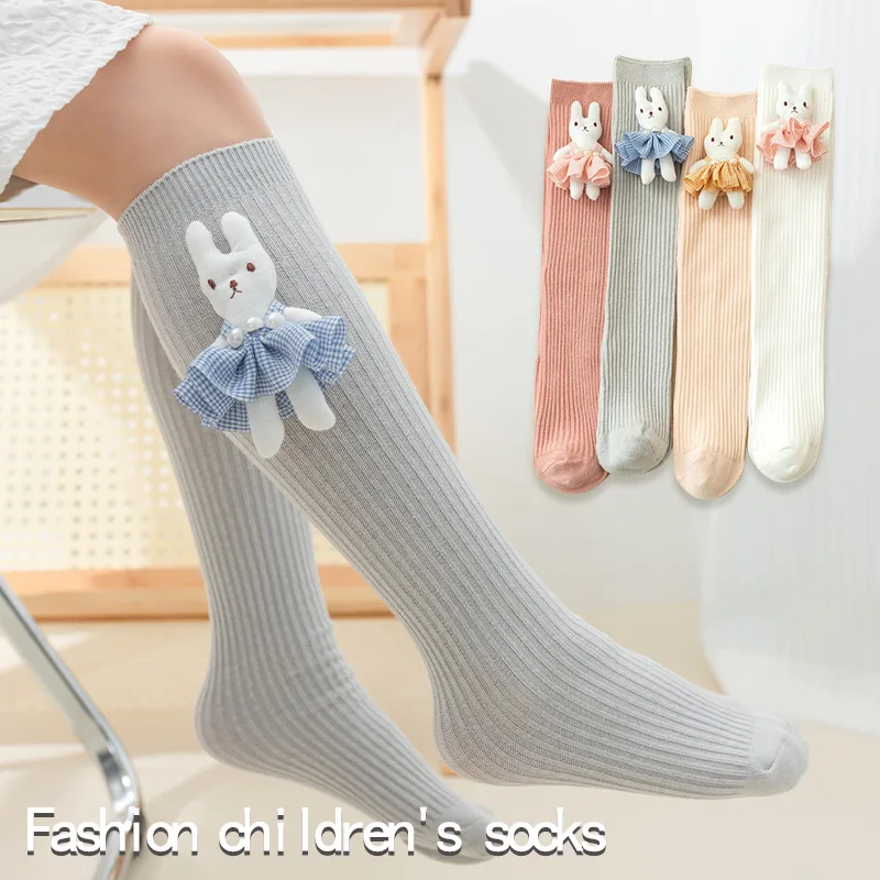 4 Pairs Girls\' Stockings Soft and Comfortable Spring and Autumn Fashion Cartoon Rabbit Sports Baby Knee-high Socks