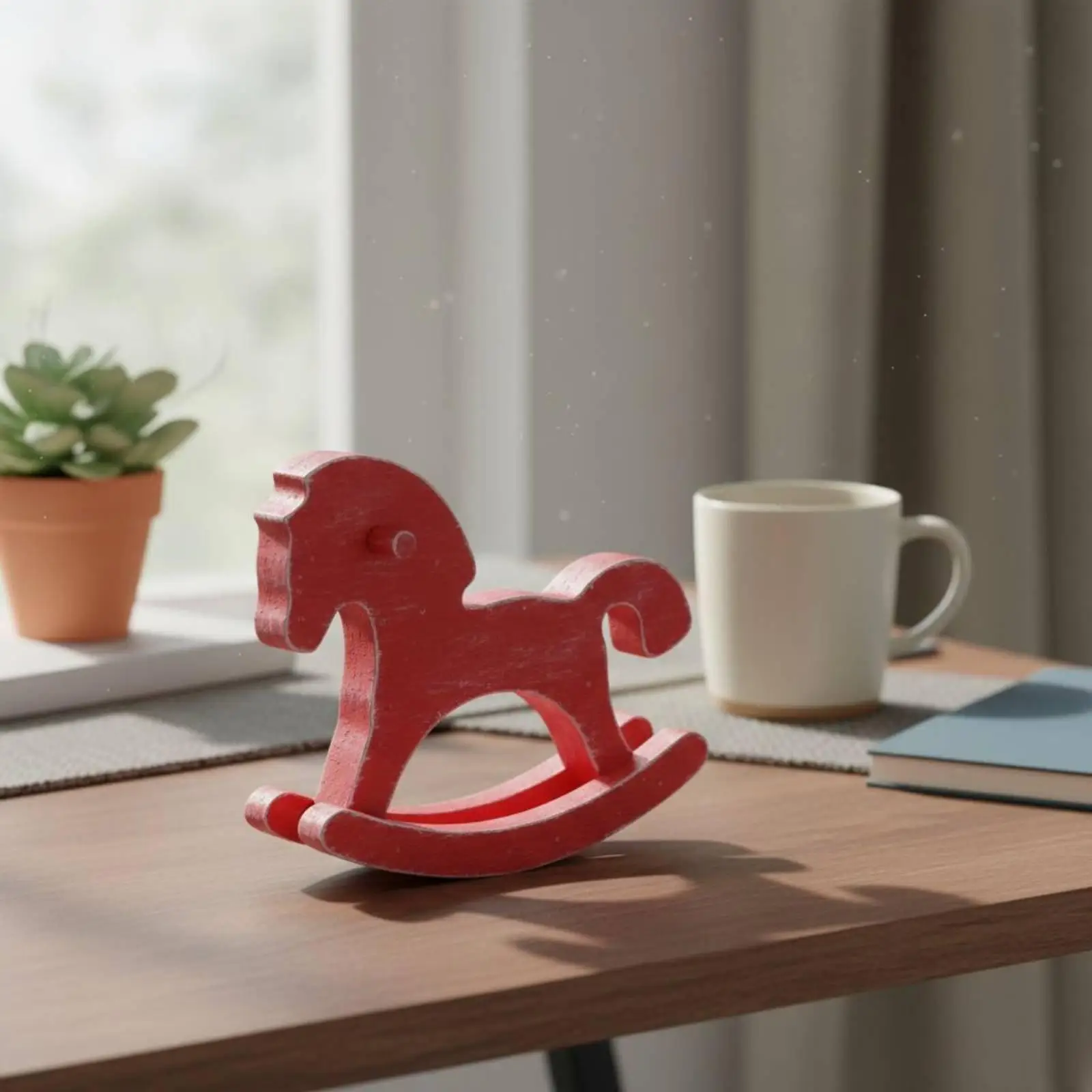 Wooden Rocking Horse Figurine Hand-Painted Finish for Office