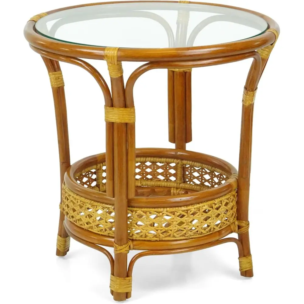 Eco-friendly Rattan Wicker Coffee Table with Glass Top, Handcrafted in Colonial Style