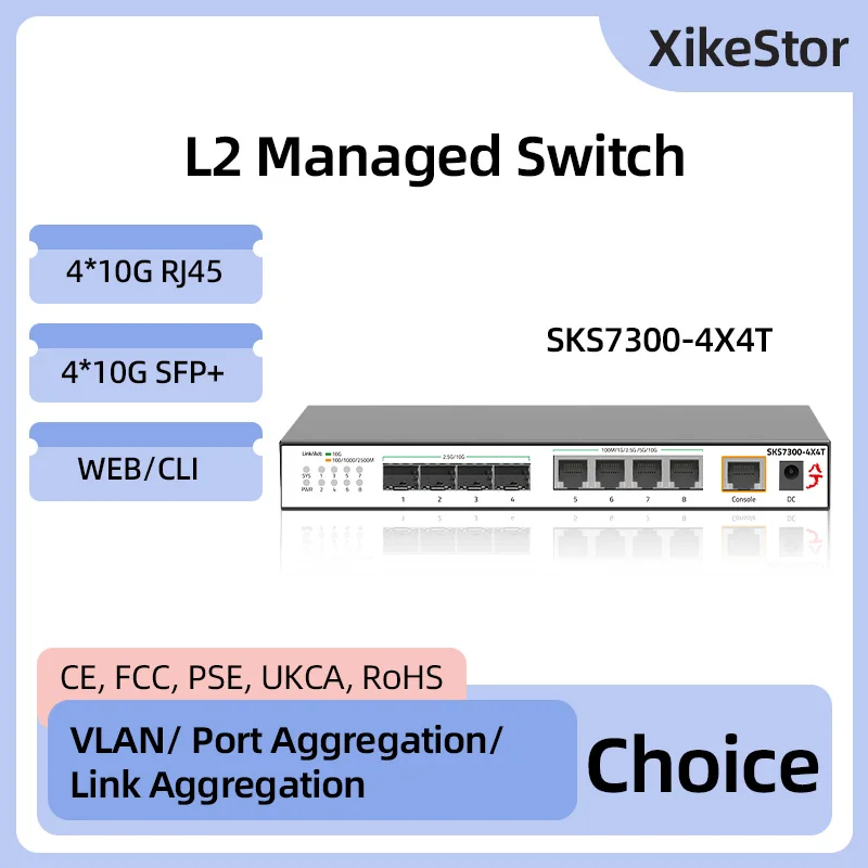 XikeStor All 10G L2 administrado 4 puertos 10G RJ45 4 puertos 10G SFP+ Ethernet WEB/CLI Gestión compatible con agregación de puertos y VLAN