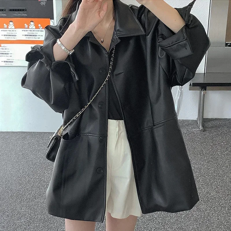 Streetwear Black PU Leather Jackets 2024 New Korean Casual Long Sleeve Turn-down Collar Outerwear Harajuku Punk Coats For Women