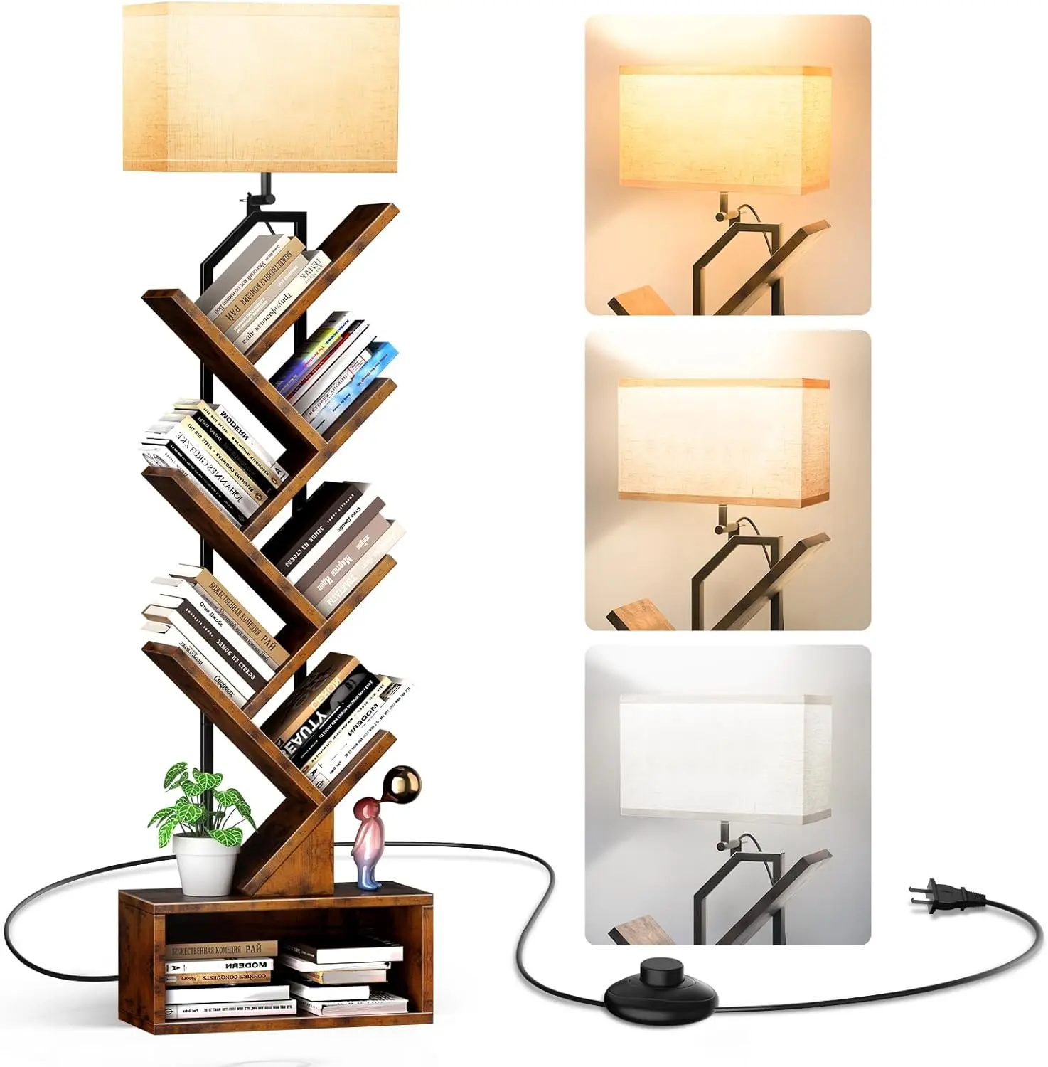 

6-Tier Tree Book Shelf with LED Light, Steel&Wood Bookshelf with Storage Cabinet, Narrow Tall Bookcase with 3CCT Bulb