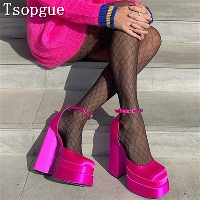 

Women New Square Toe Platform Pumps Brand Design Crystal Band Ankle Strap Thick High Heels Shoes Fashion Party Wedding Shoes