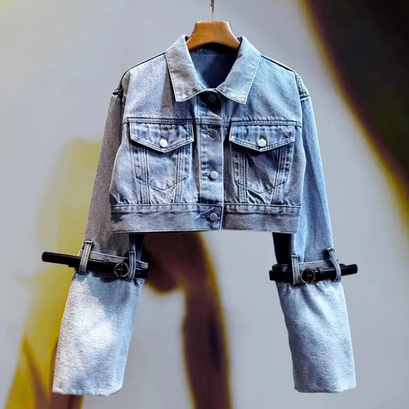 2023 Summer New Fashion Belt Decoration Spliced Sleeve Cropped Slim Fit Denim Jacket for Women Short Coat Y4097