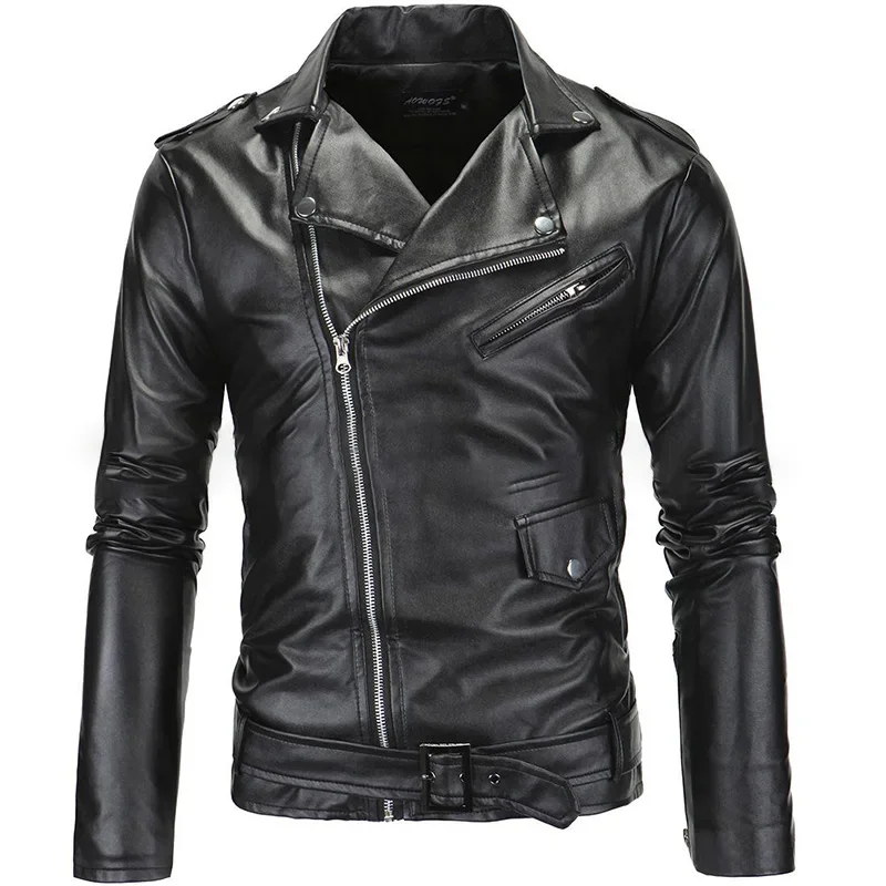 Stylish slim High quality men\'s leather jacket Trend lapel diagonal zipper classic motorcycle leather jacket Faux leather jacket