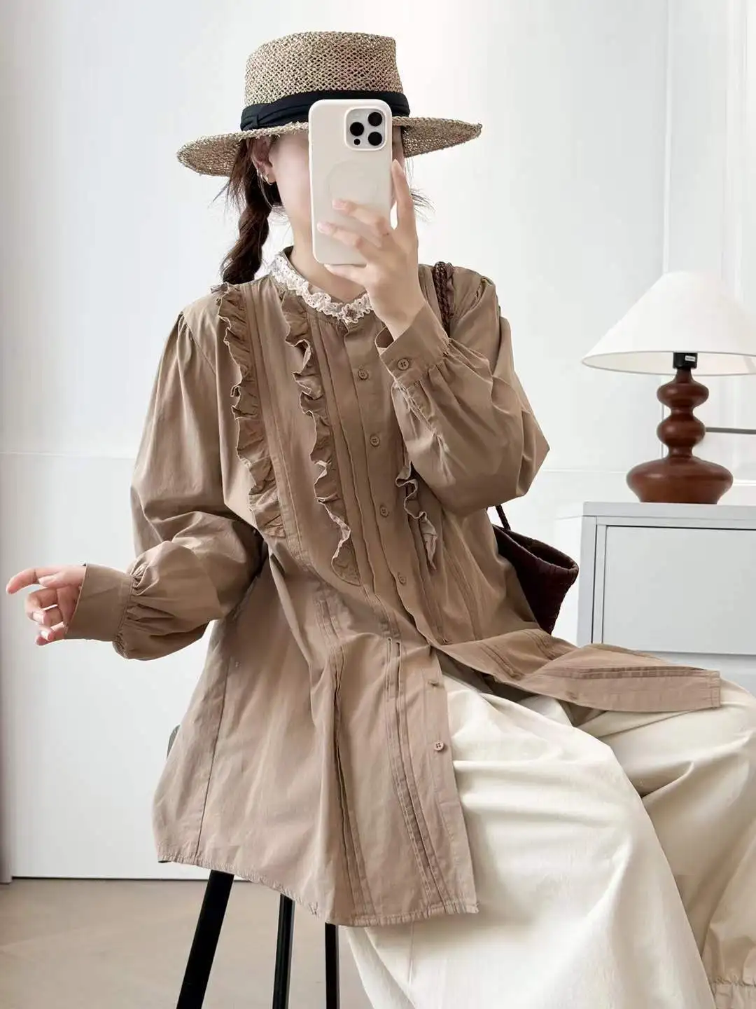 Novo 2025 inverno algodão camisa de manga longa, feminino stand babados retalhos, mori menina design francês doce ins blusa solta t5n952cc