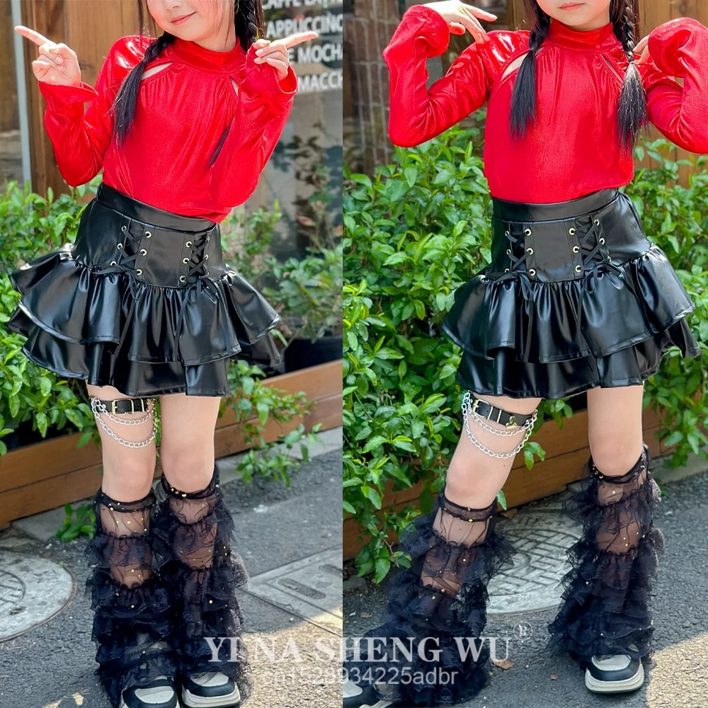 الفتيات K-pop لامعة الأحمر المحاصيل الأعلى التنانير السوداء الملابس مجموعات بارد الهيب هوب زي مجموعة الشارع الرقص الزي أزياء المرحلة ارتداء العرض