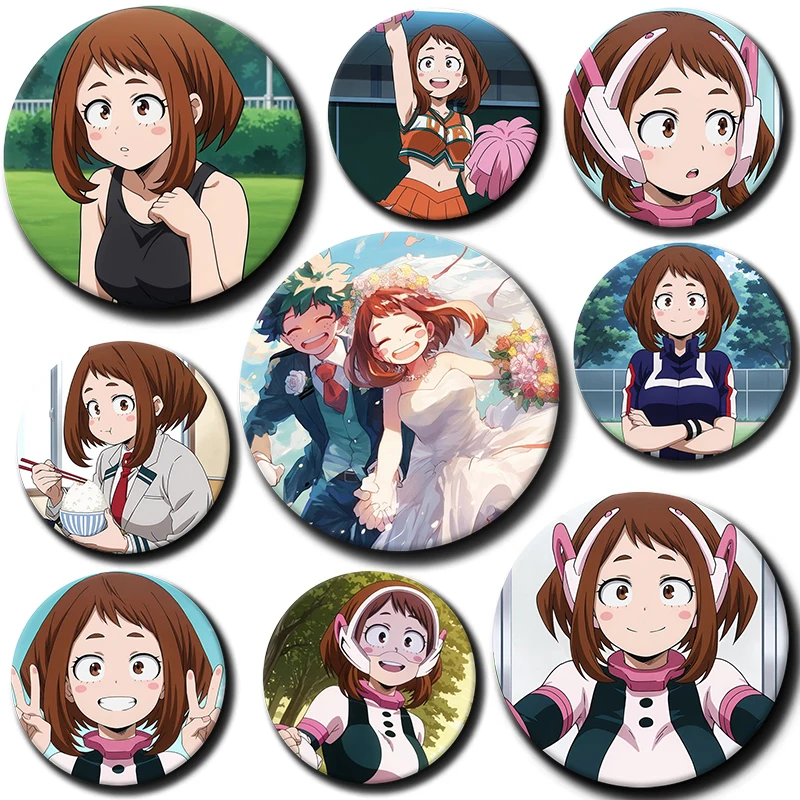 58 مللي متر شخصية كرتونية Ochaco Uraraka لينة زر دبوس بطل أنيمي بروش شارة الإبداعية لحقيبة الظهر الملابس الديكور هدية
