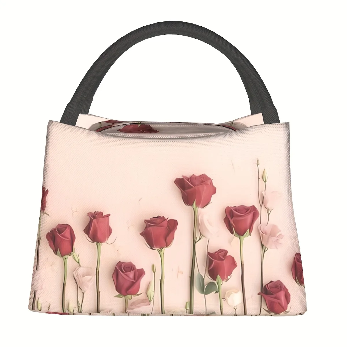 Floral Insulated Lunch Bag - Reusable, Leak-Proof Cooler Tote With Pink Roses & Green Foliage Design For Work, Picnic, Beach