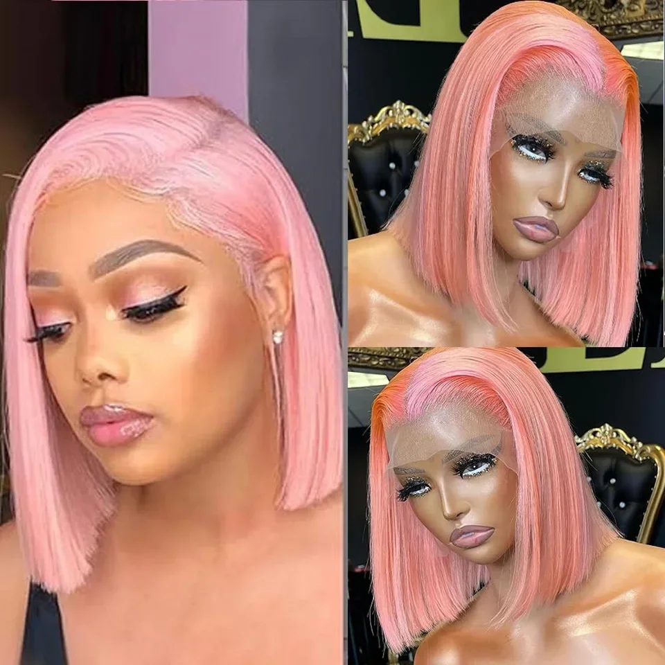 Pink Short Bob Wig Human Hair 180% Density 13x4 Lace Frontal Wig Human Hair Pre Plucked Brazilian Remy Short Human Hair Wig 100%