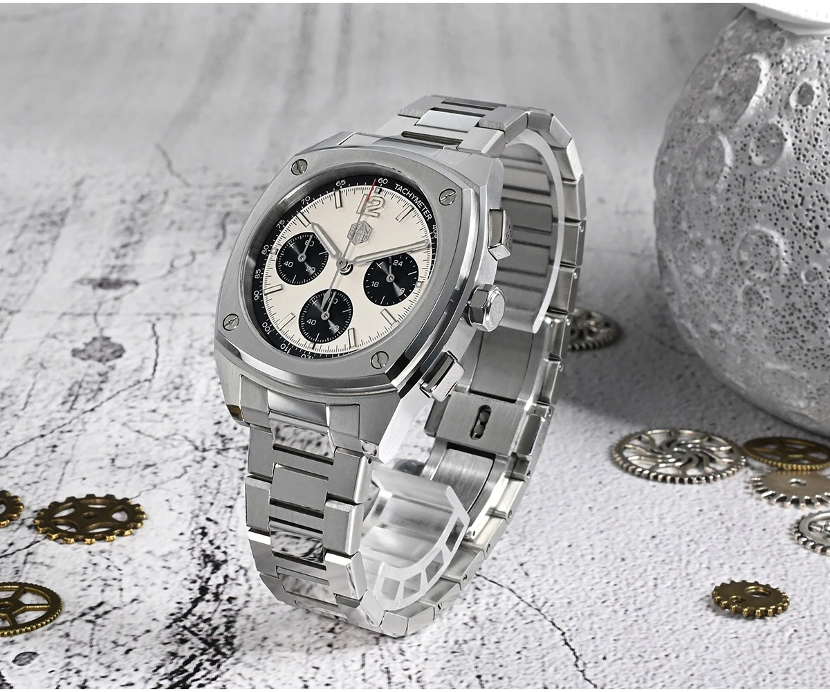 San Martin Men Chronograph Watch Luxury 39.5mm Panda Square Quartz Wristwatch 100M Waterproof Sapphire BGW-9 Luminous VK63