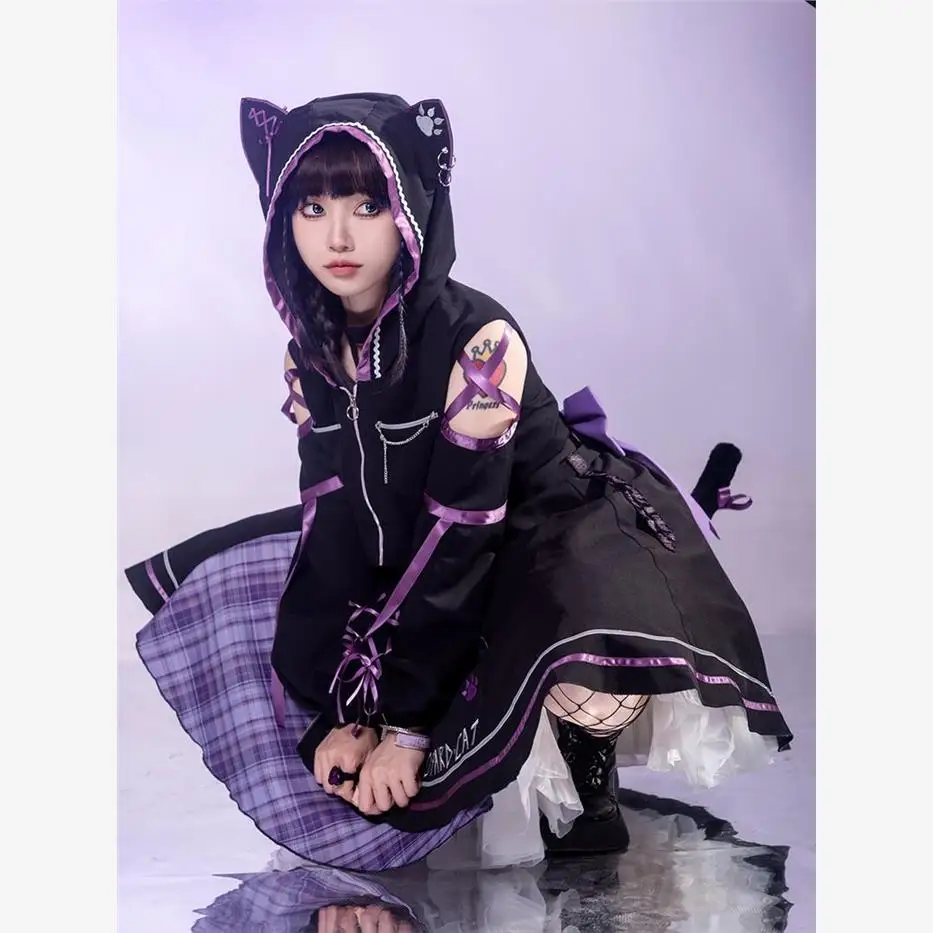 لويتا القط طباعة مجموعة كاملة FS Y2K كوس فستان زي قبالة الكتف مقنعين معطف قصير الربط اللون Jsk الحمالات توتو فستان الصيف