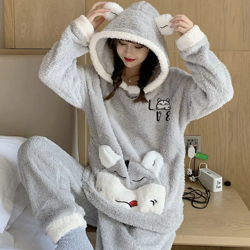 

Winter Cartoon Coral Fleece Pajamas Warm Flannel Hooded Sleepwear Pyjama Pour Femme Cute Cartoon Nightwear Loose Home Wear