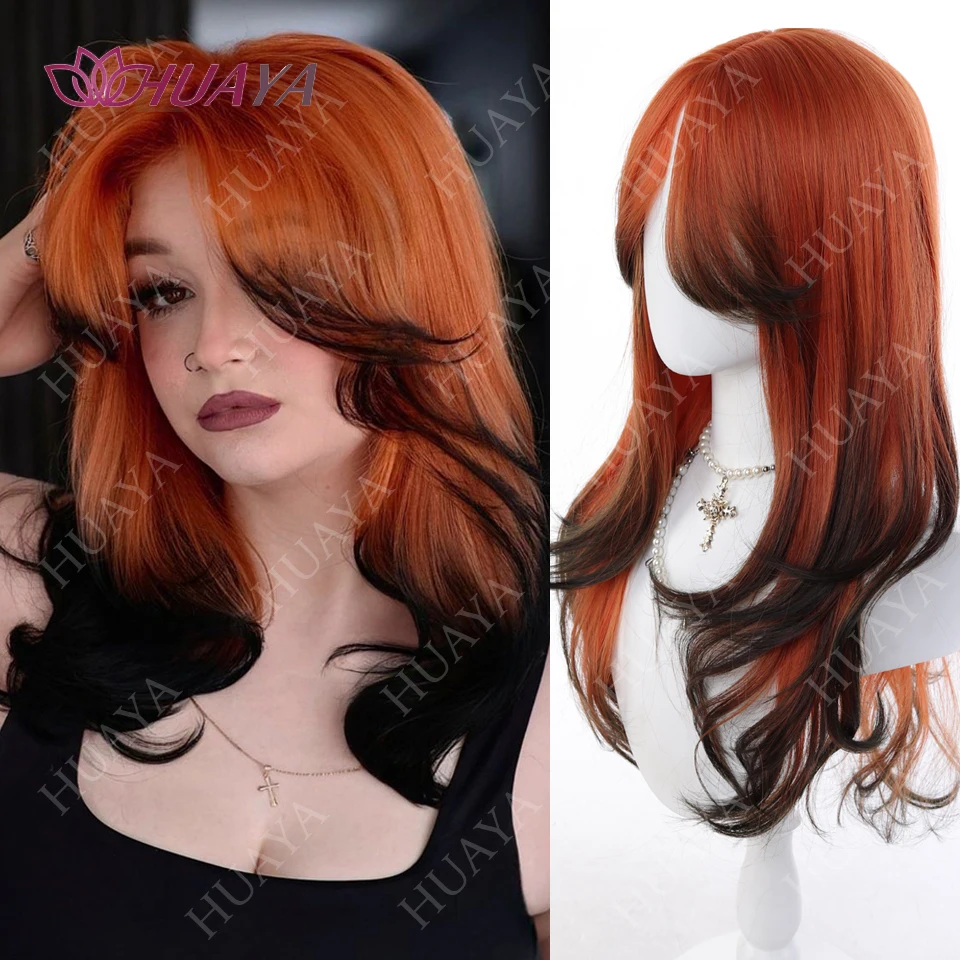 

Оранжевый Ombre Черные парики для женщин Длинные волнистые термостойкие синтетические волосы Хэллоуин Косплей Ежедневный парик для вечеринок Средняя часть челки