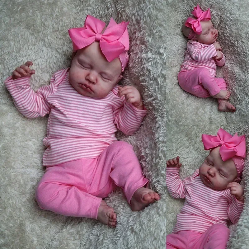 48CM Newborn Baby Girl Doll Reborn Loulou Asleep Soft Cuddly Body Lifelike 3D Skin with Visible Veins High Quality Handmade Doll