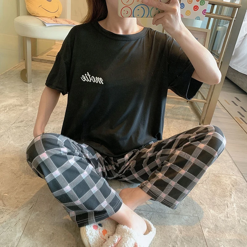 Summer Pajama Set Girl Short-Sleeved T-shirt Plaid Long Pants Sweet Housewear Suit Women