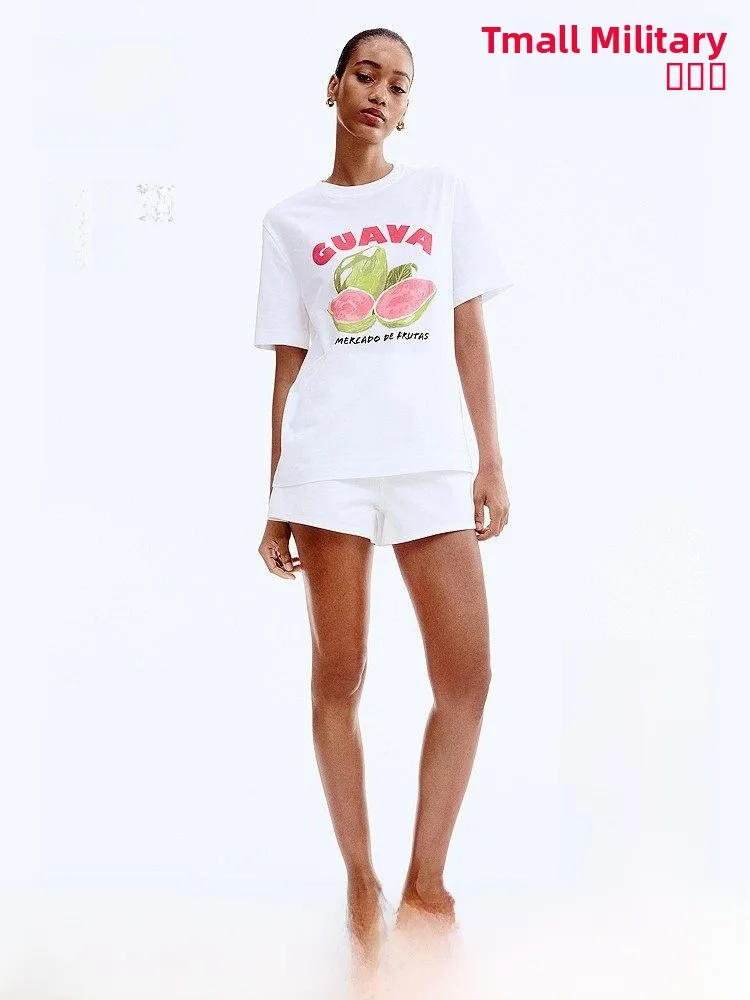 

H&M Women's T-irt round Ne ort Sve Fruit Print Vaion Sle Spring Fre Cotton 00% Regular Length Top