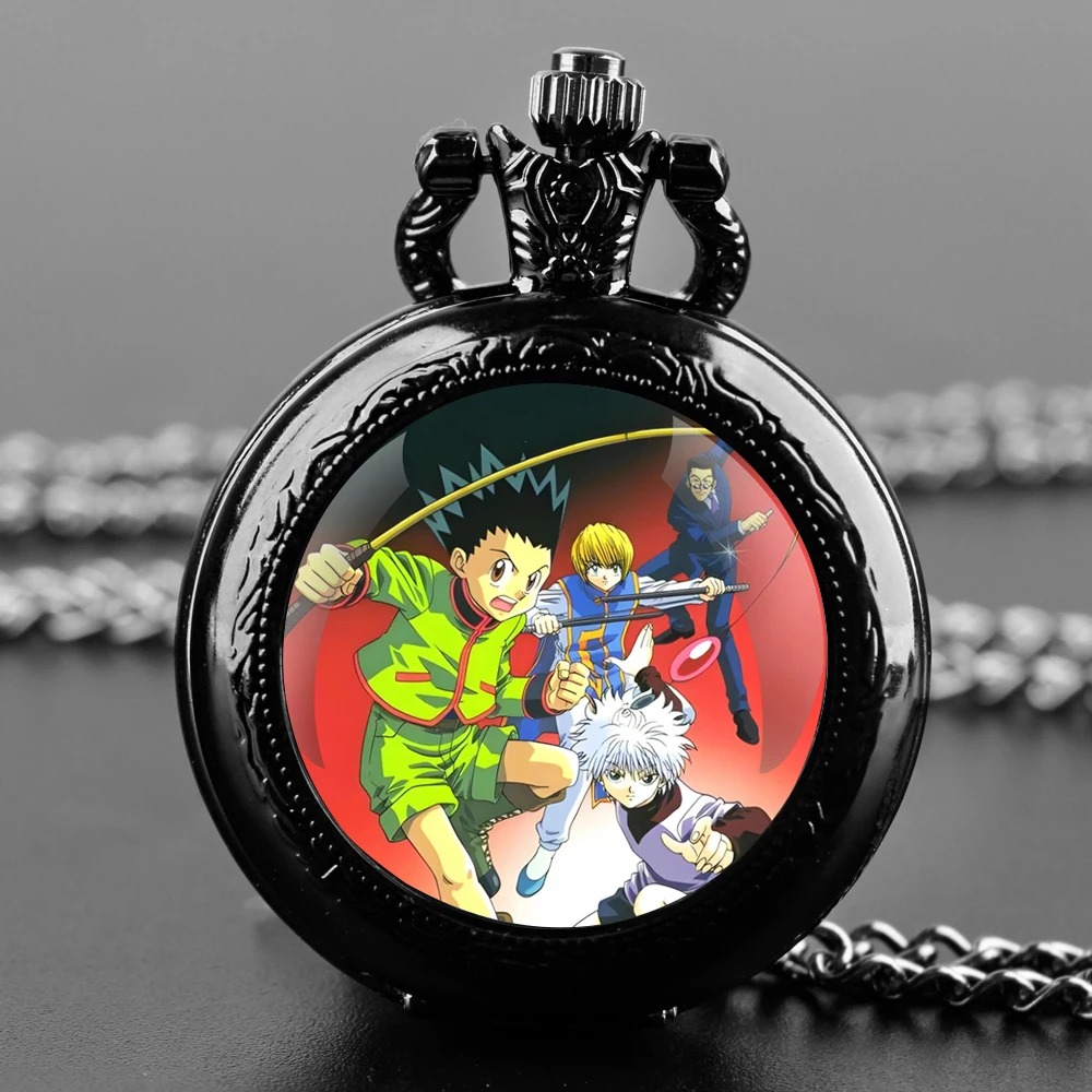 Hunter × Hunter Glass Dome Black Quartz Pocket Watch with Arabic Numerals Dial and Durable Chain Retro Gift for Men Women
