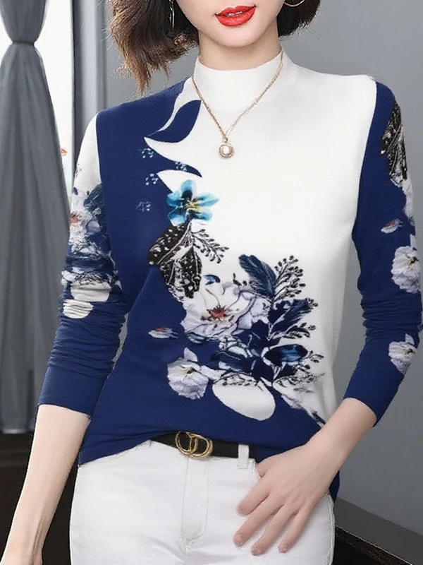 

Warm Long Sleeve Printed Base Shirt for Middle-Aged And Elderly Women Fashionable Mommy Clothes Half High Collar Polyester Fiber