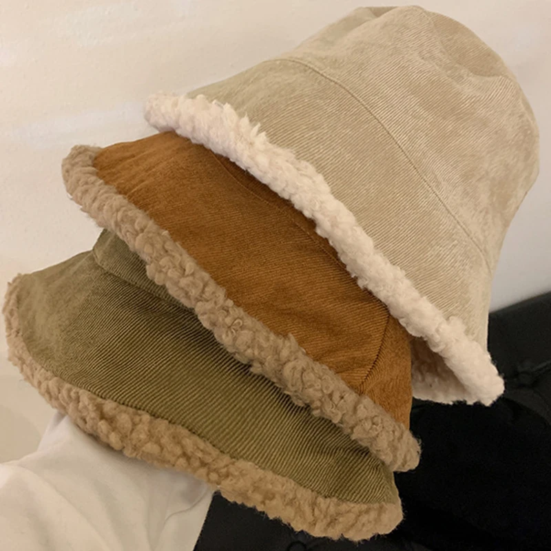 Winter Bucket Hats Women Warming Panama Hat Lady Fluffy Corduroy Double-Side Wear Outdoor Fisherman Cap Hat for Women Girl\'s