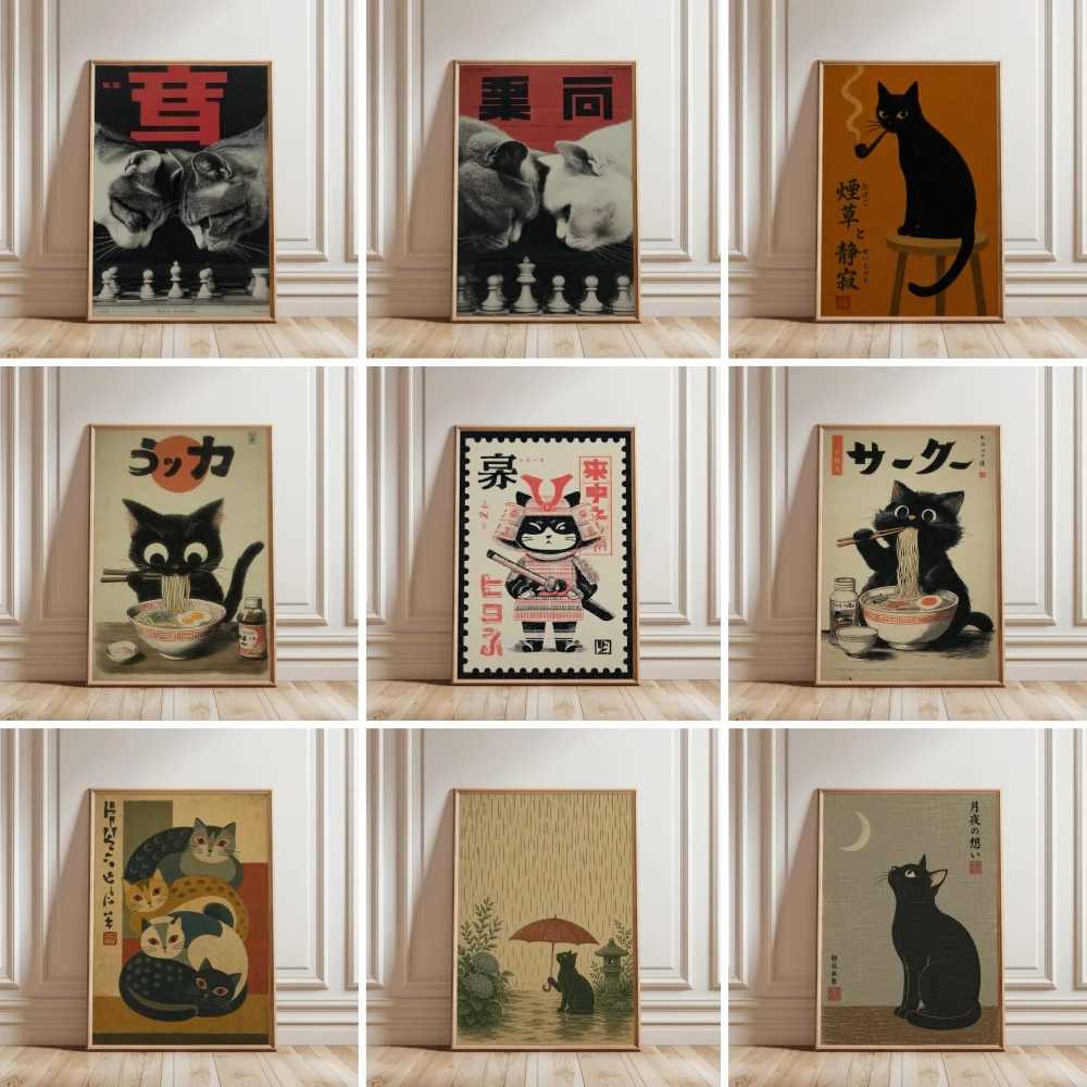 Affiche et tableau mural imprimés sur toile, motif chat noir mangeant des ramen, paysage japonais de jardin sous la pluie, décoration intérieure, Cuadros
