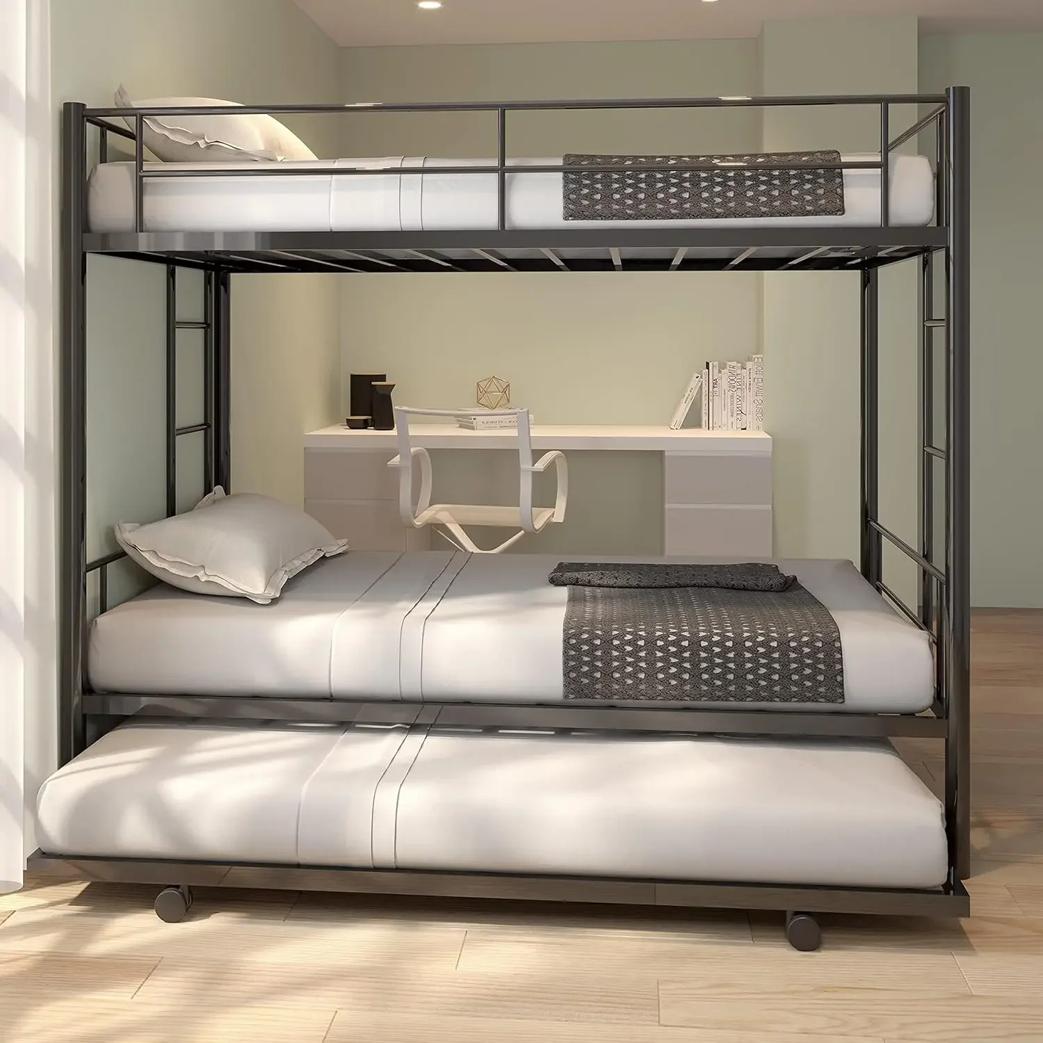 Litera doble sobre dos camas de metal con cama nido, estructura de litera resistente con 2 escaleras laterales, litera convertible con caja fuerte