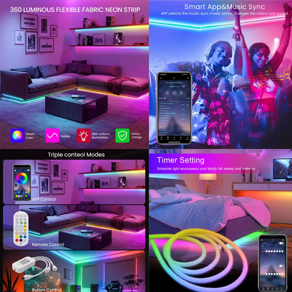 Luz de neón RGB redonda de 360 grados, 5V, WS2812B, Pixel a todo Color, cinta de cinta Bluetooth, IP67, impermeable, tubo de silicona flexible