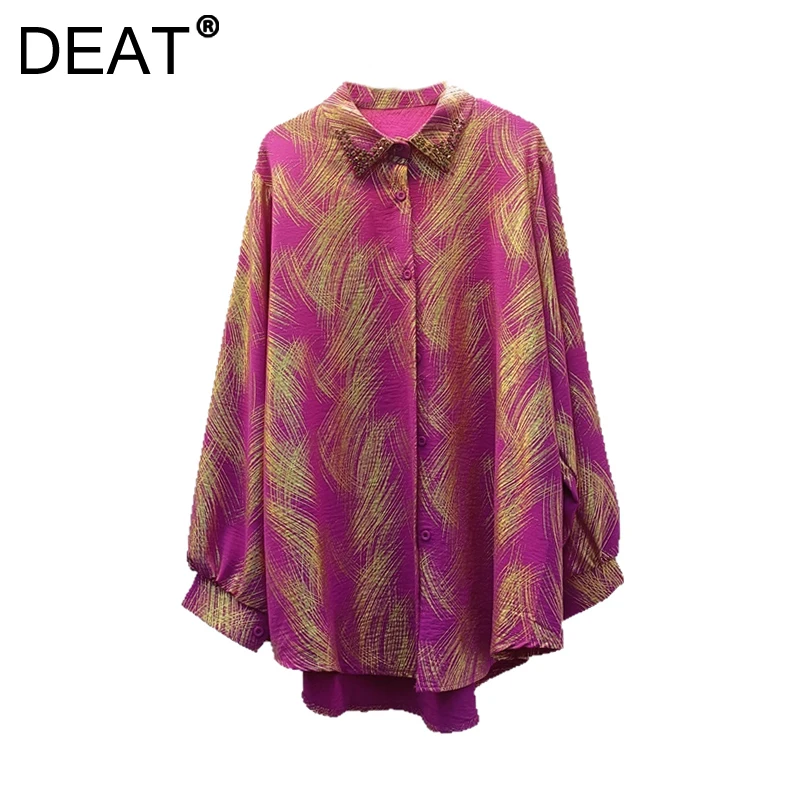 DEAT Women's Shirt Loose Gold Coated Lines Female Single Breasted Long Sleeve Diamonds Blouse Spring 2025 New Fashion 29L9423