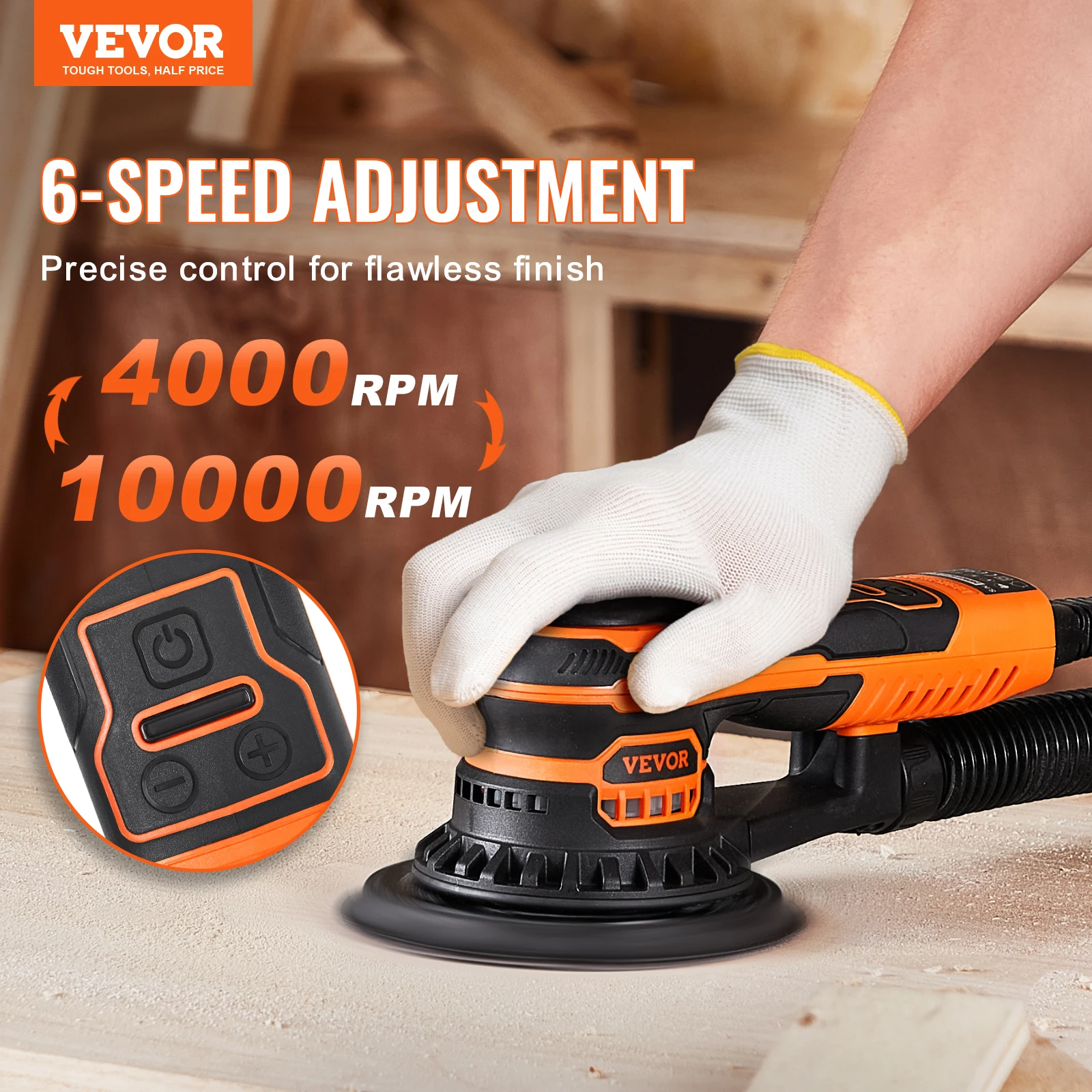 VEVOR Random Orbital Sander 350W Brushless 10000 PRM 6 Variable Speed Electric Orbital Sander for Woodworking Detailing Sanding