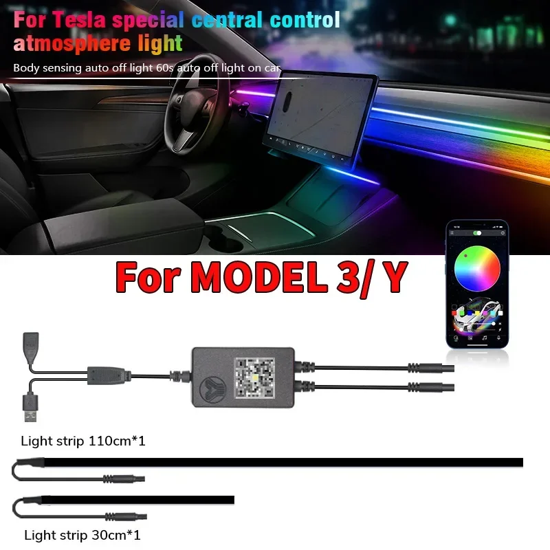 For Tesla Model 3 Y Center Console Dashboard Wireless Charging RGB Neon LED Light Strip Musical Rhythm USB Power APP Control