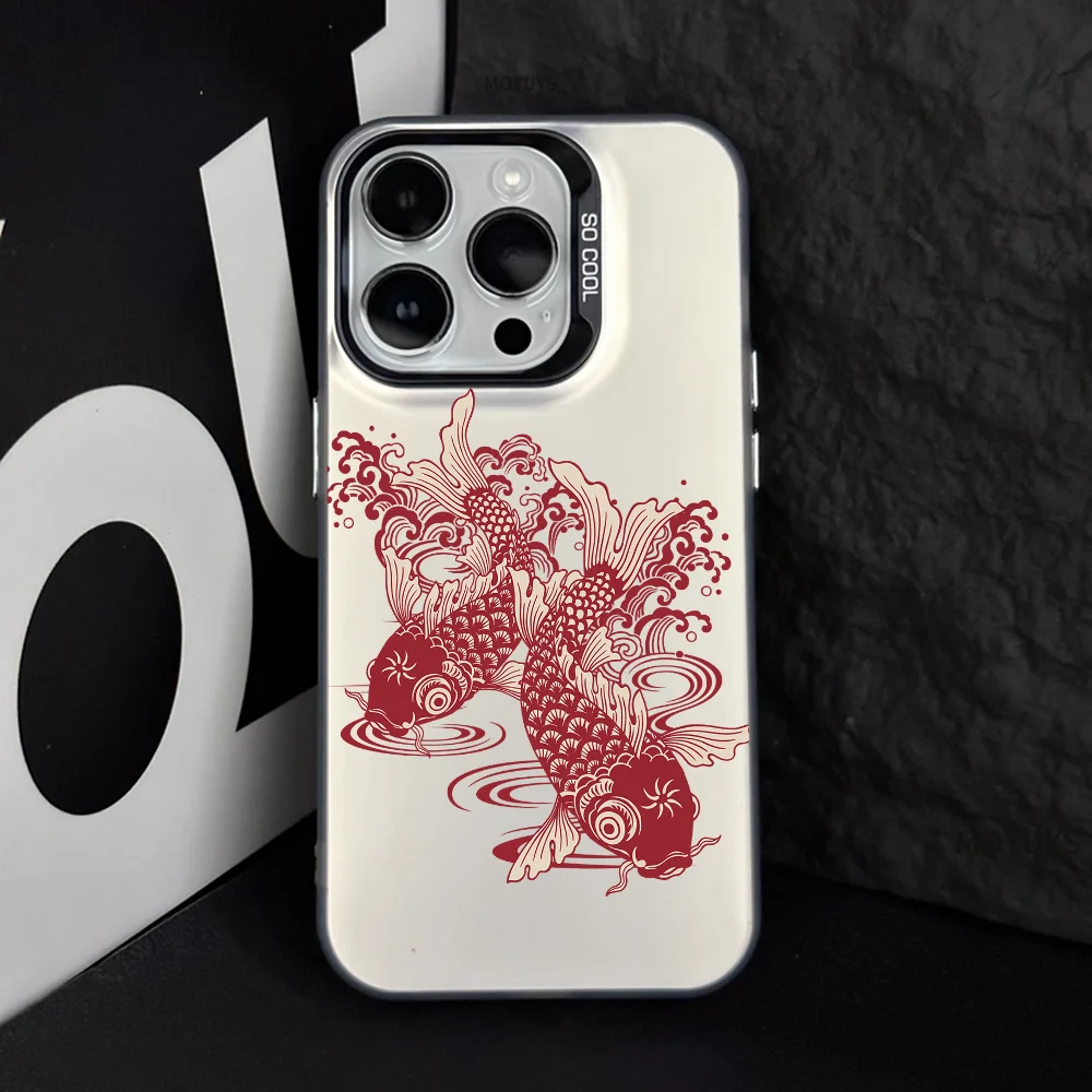 Red Koi Phone Case IMD Color Silver Shell For IPhone 16 15 14 13 12 Pro Max Plus