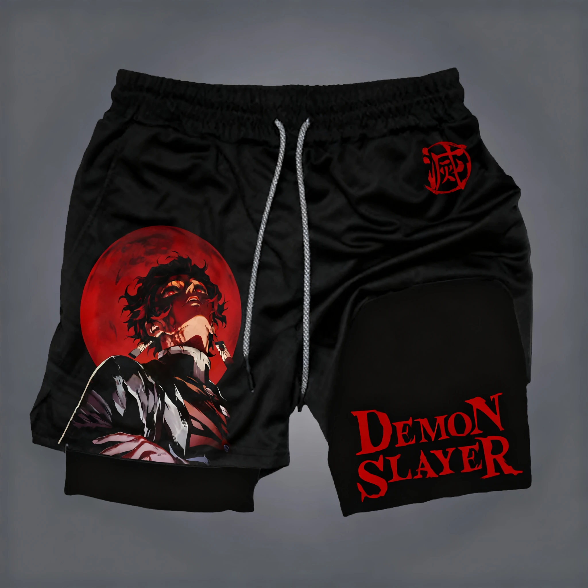 Shorts de camada dupla com estampa de anime Demon Slayer, shorts soltos e elegantes para homens e mulheres de fitness de verão americano