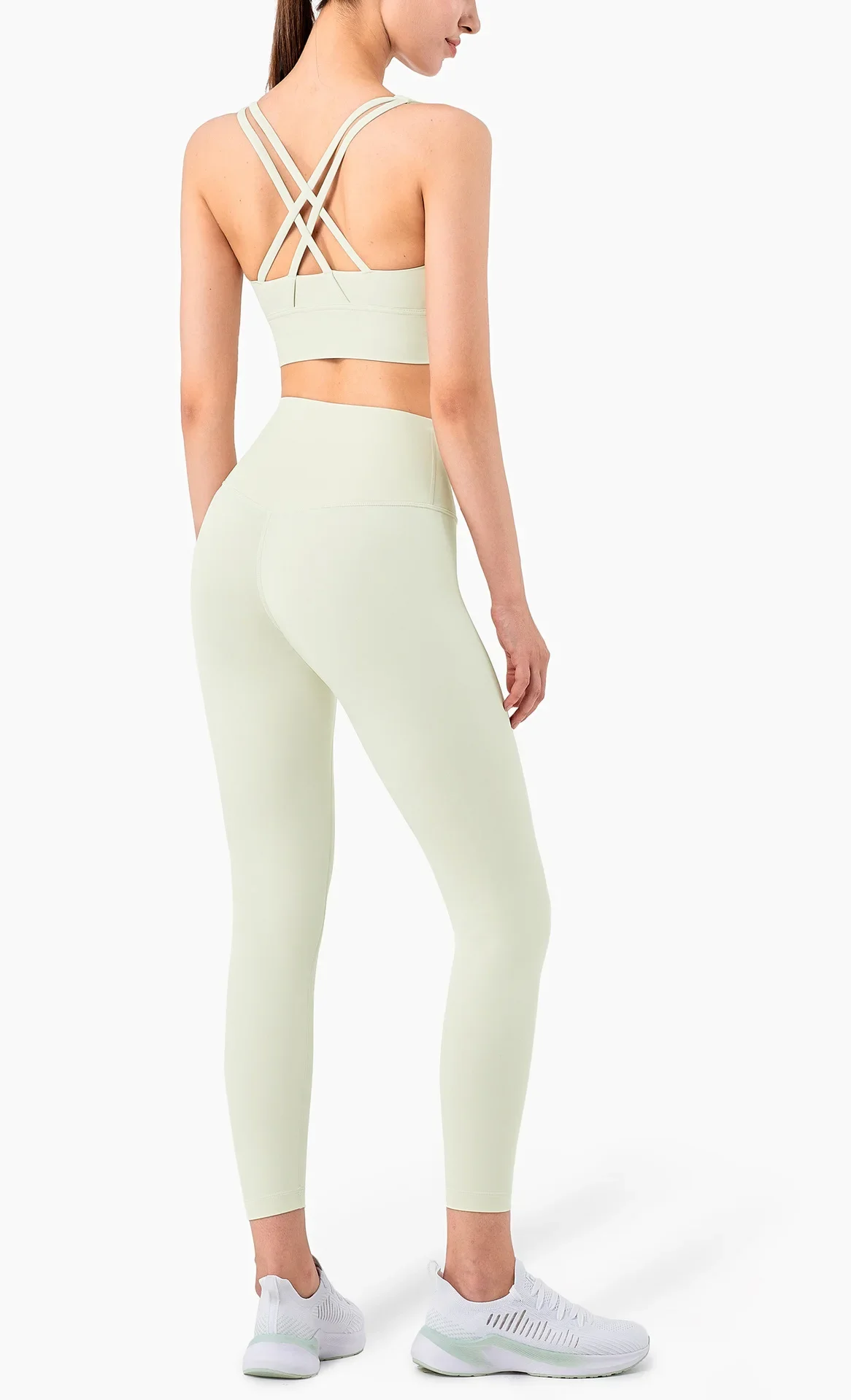Damen Zweiteiliger Yoga-Anzug in Unifarbe, Hochintensiver Rückenfreier Yoga-BH, Hochgeschnittene Hüftlift-Leggings, Lauf- und Trainingsset – Detail 17