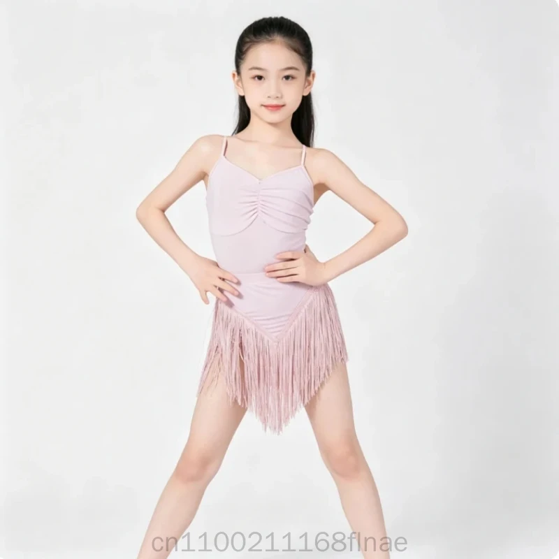 女の子と子供向けの新しいラテンダンス衣装、夏用キャミソールトップス、タッセル付きスカート、プロのダンス練習用衣装。