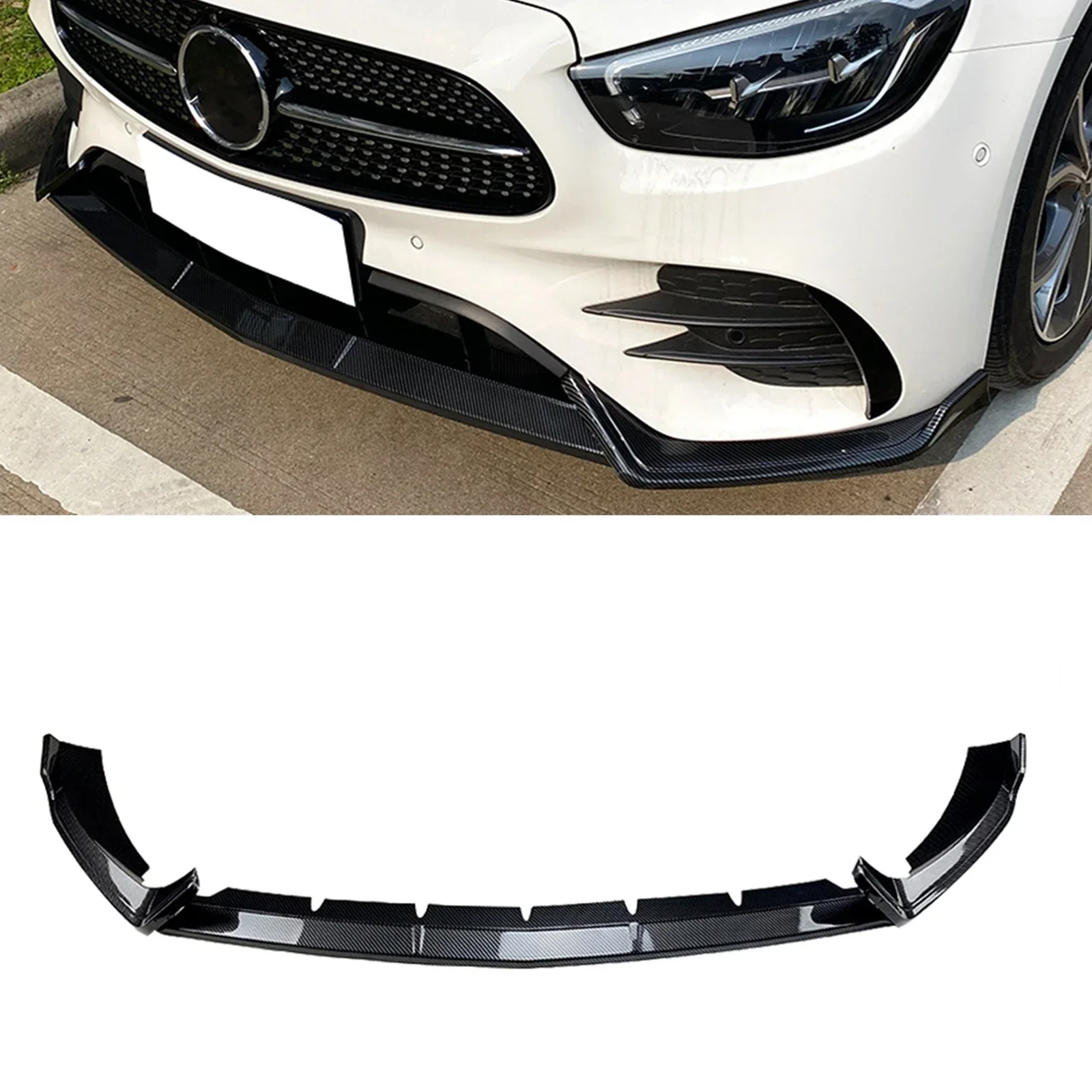 New！ Front Bumper Spoiler Lip For Mercedes Benz E-Class W213 E260 E300 AMG 2021-2023 Carbon Fiber Look/Gloss Black Car Lower Spl