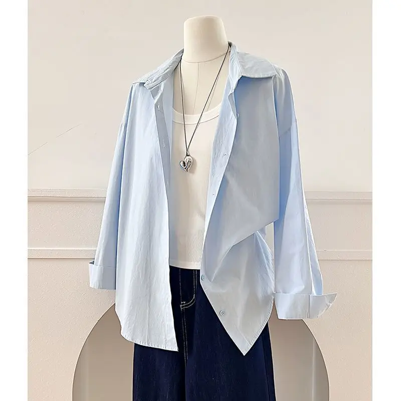 เสื้อคลุมคาร์ดิแกนผ้าฝ้ายสีฟ้าอ่อน แขนยาว สไตล์ลำลองสำหรับผู้หญิง ทรงหลวม เปิดไหล่ สไตล์เกาหลี แฟชั่นฤดูใบไม้ร่วง ใช้งานได้หลากหลาย คอเสื้อหลวม