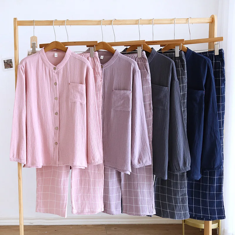 Couple Plaid Double Yarn Cotton Pajamas Washed Crepe Loungewear Long-sleeved Cardigan Trousers Sleepwear Women & Men Loungewear