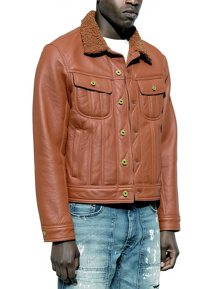 

Натуральная кожаная куртка из овчины для мужчин, укороченная, в стиле Urban Western Cowboy, с полной отделкой мехом, теплая, для зимнего сезона