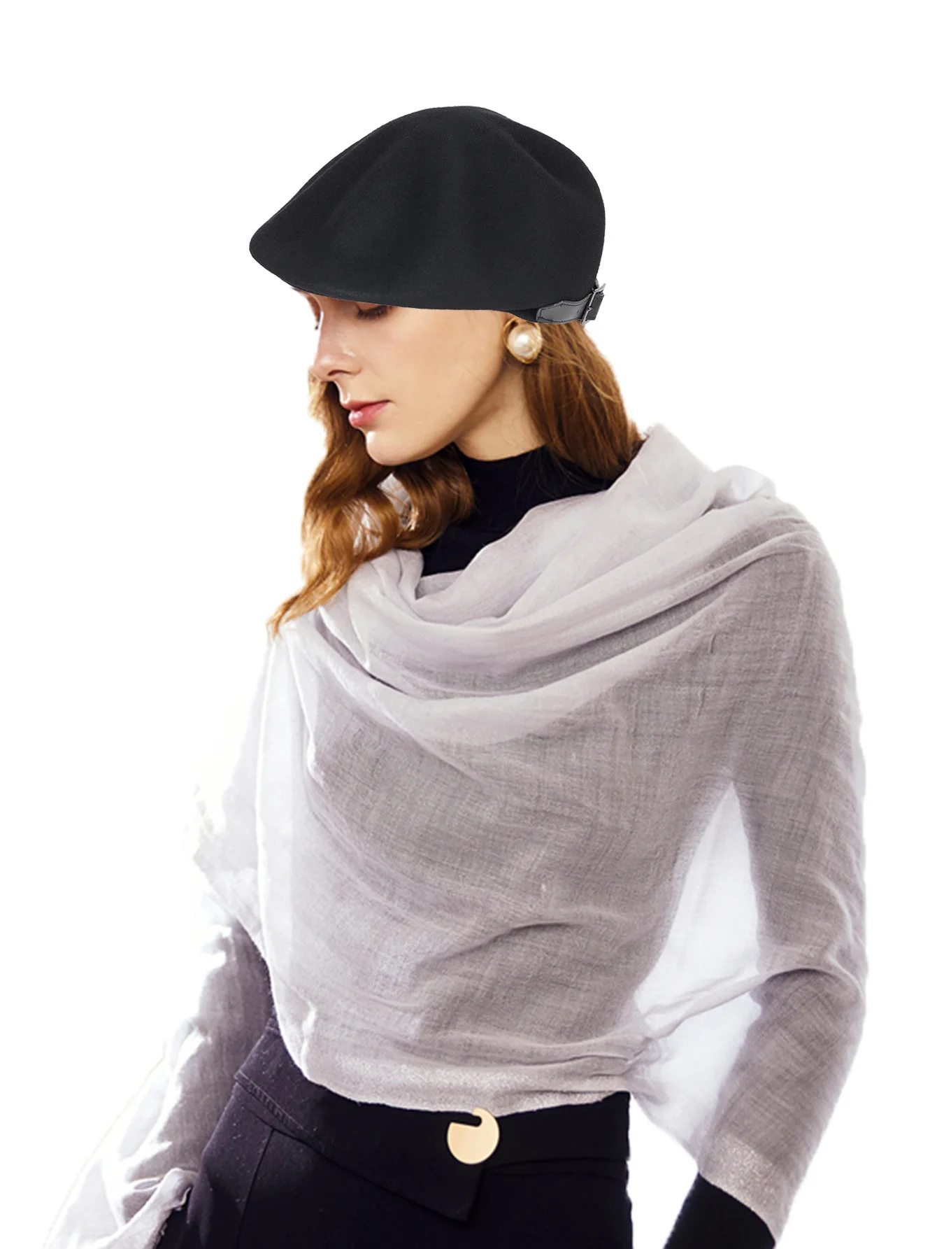 

Autumn/Winter Black Wool Felt Equestrian Hat For women Ladies Elegant vintage Party Church Octagonal Beret Hats With belt buckle