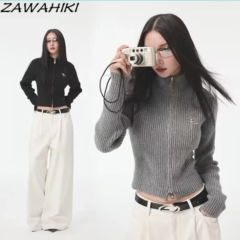 ZAWAHIKI Cropped Cardigan Spring Fall Chic Designed Slim Zipper Solid Color Casual All Match Y2K Long Sleeve Sweater Women