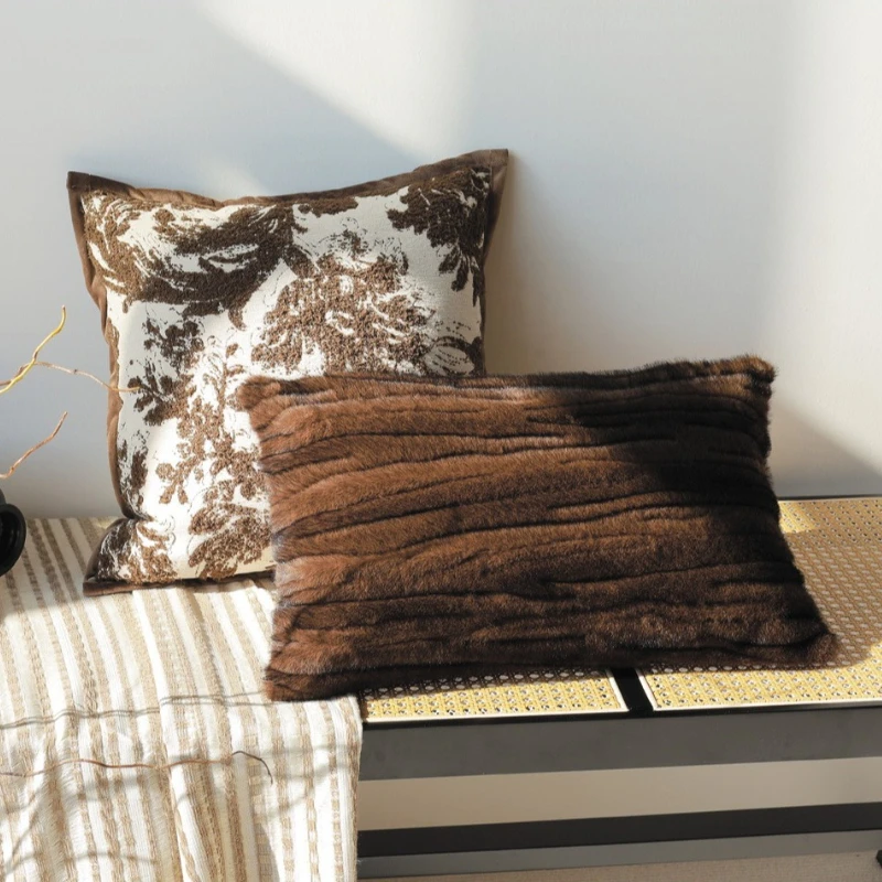 

Italian Black Brown Luxury Cushion Cover Modern High-End Leather Stitching Pillow Cover