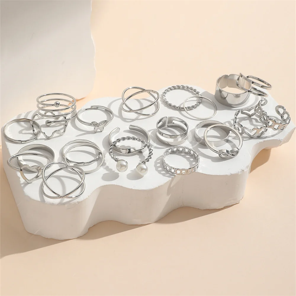 22Pcs/Set Fashion Imitation-Pearl Love Heart Cross Wave Butterfly Infinity Simple Metal Layered Geometric Hollow Ring For Woman image 3