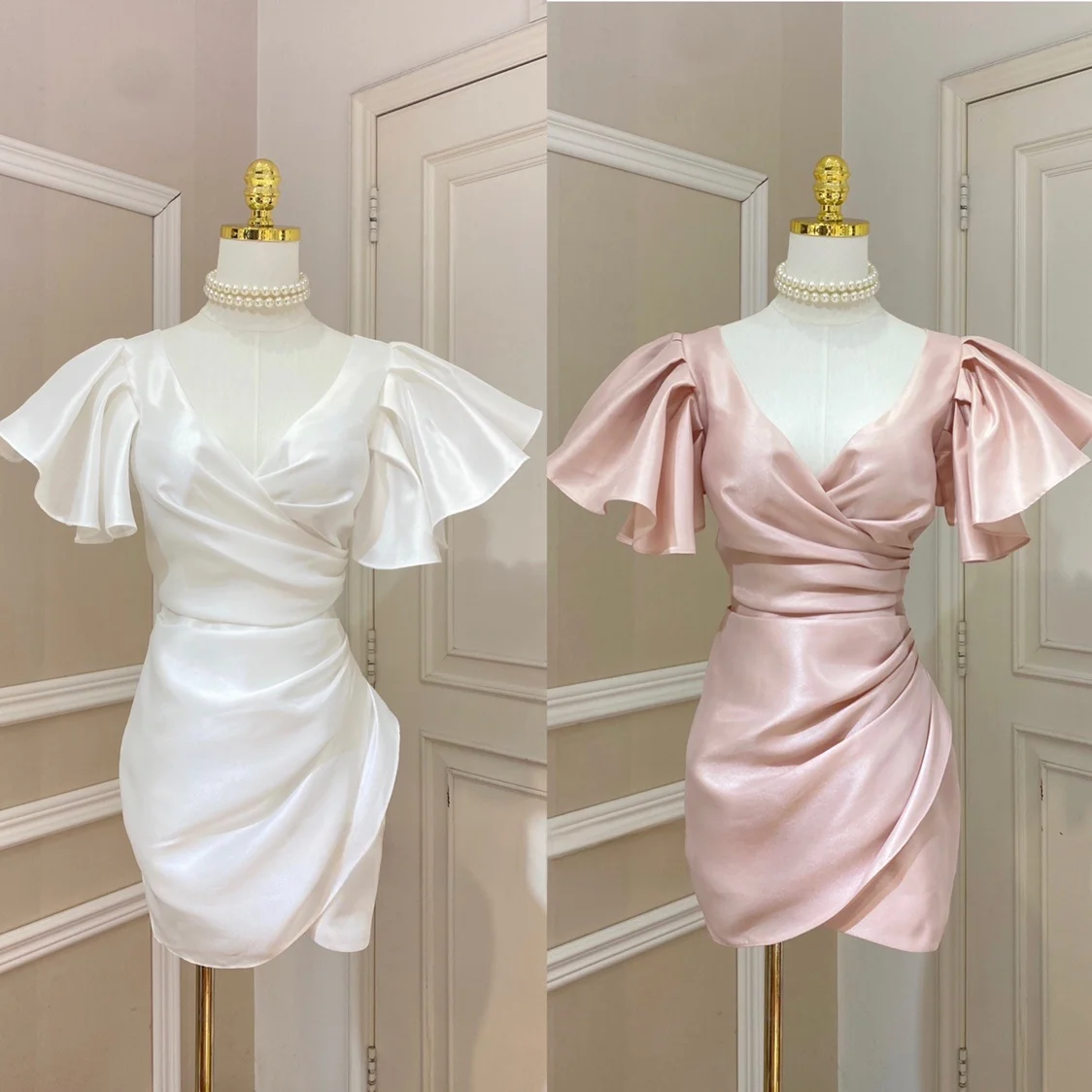 

High-Definition Slim Fit Dress Deep V-Neck Padded Chest Lace Trim Flying Sleeve Waist Cinch Pleated Split Evening Gown