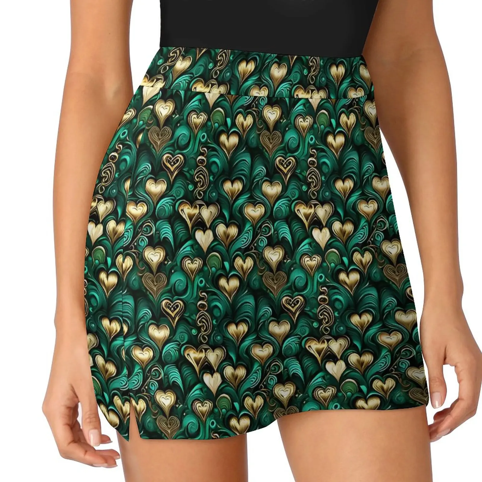 Gold Hearts And Swirls Print Skirt  Y2K Casual Skirts Female Kawaii Mini Skirt Design Short Bottoms Birthday Present