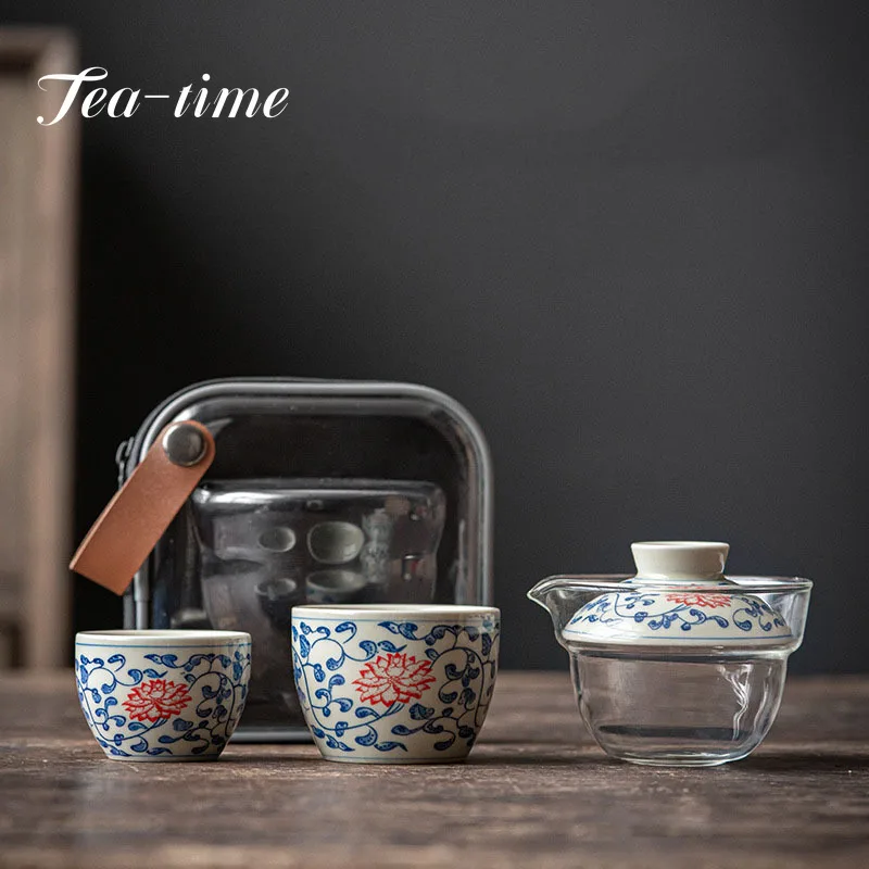 

Retro Blue and White Tea Set Fast Customer Cup Kung Fu Cover Bowl Tea Maker Portable Tea Cup Storage Travel Outdoor Small Set